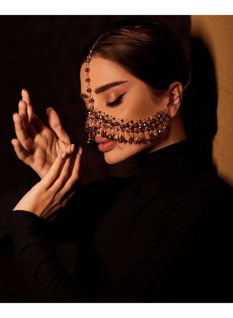 GetmanJewelry Getman Jewelry Women Tribal Face Chain, Unique Face Jewelry For Dancing, Handmade Gold Beaded Dance Mask with Crystal Drops for Bellydance & Performances - Image 1