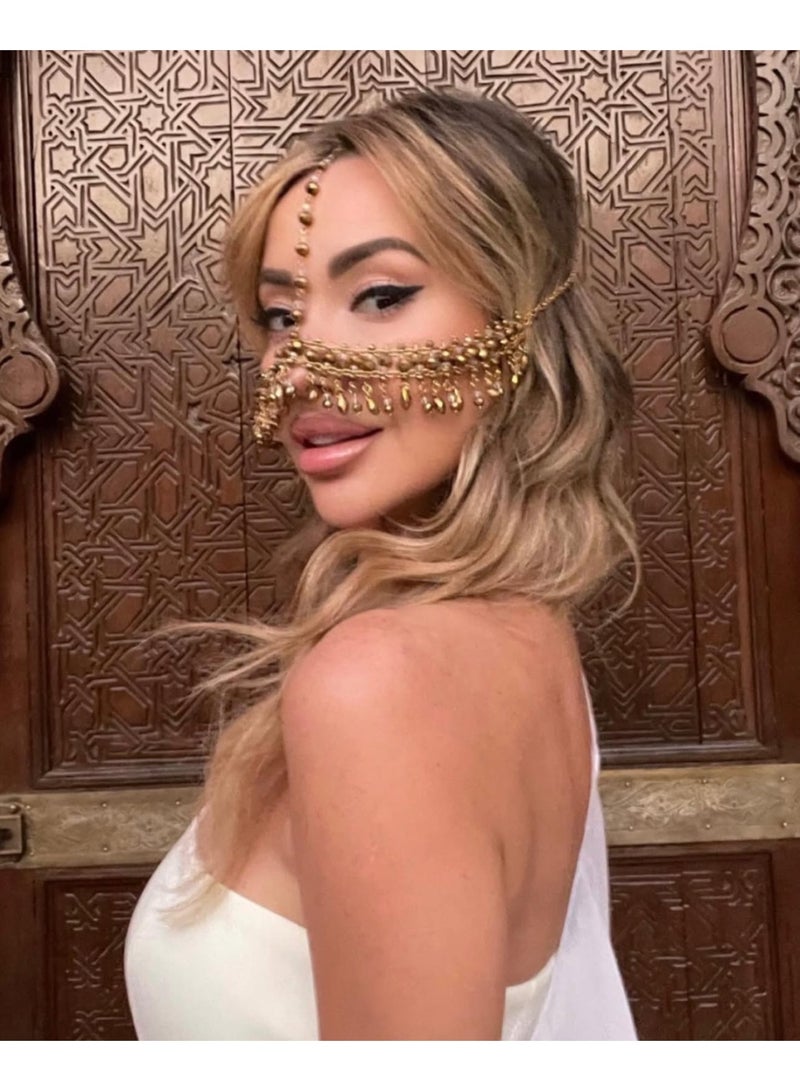 GetmanJewelry Getman Jewelry Women Tribal Face Chain, Unique Face Jewelry For Dancing, Handmade Gold Beaded Dance Mask with Crystal Drops for Bellydance & Performances - Image 2