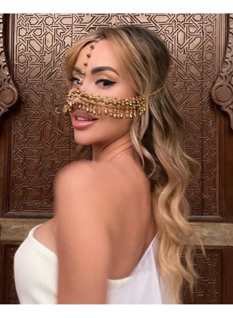 GetmanJewelry Getman Jewelry Women Tribal Face Chain, Unique Face Jewelry For Dancing, Handmade Gold Beaded Dance Mask with Crystal Drops for Bellydance & Performances - Image 4