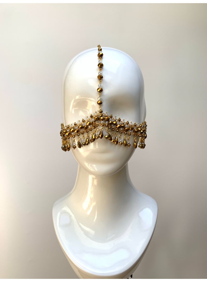 GetmanJewelry Getman Jewelry Women Tribal Face Chain, Unique Face Jewelry For Dancing, Handmade Gold Beaded Dance Mask with Crystal Drops for Bellydance & Performances - Image 5