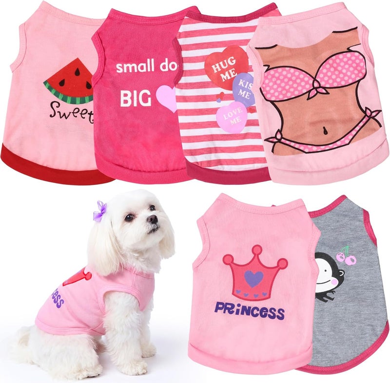 Frienda 6 Pieces Dog Shirt Puppy Sweatshirt Pet Sleeveless Vest Girl Dog Clothes Doggy Female Apparel for Small to Medium Dogs Puppy Cat (Cute Patterns, S Size) - Image 1