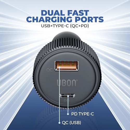 Ubon CH353 100W Dual Output Speed up Car Charger with Type-C PD & USB 3.0, Charging Adapter Compatible with Cars for iPhone & Android Smartphone, Smartwatch (Black) - Image 4