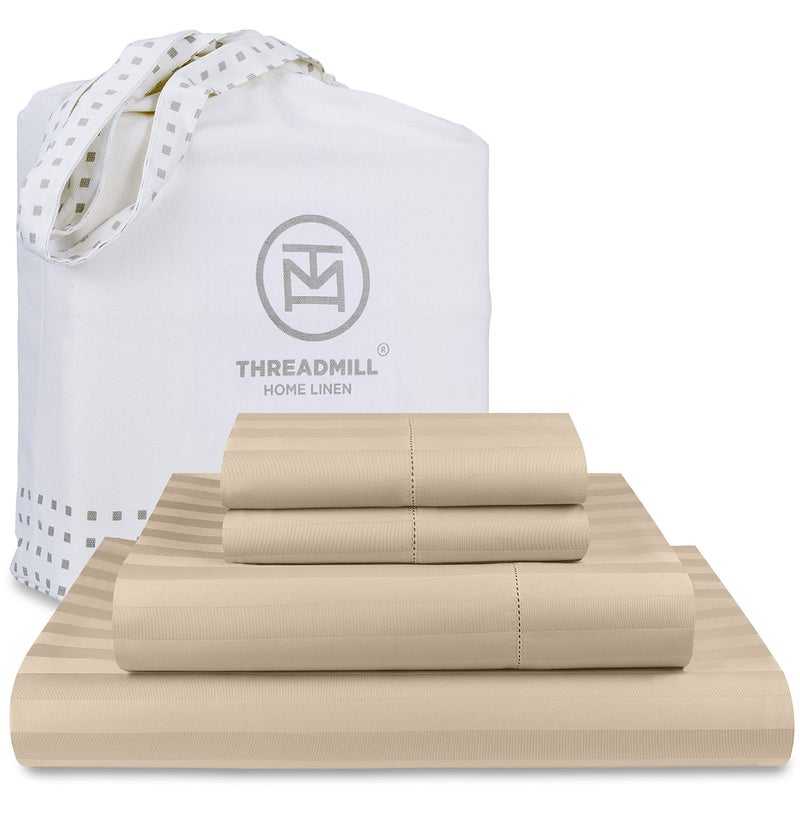 Threadmill Threadmill 500 Thread Count Full Size Damask Stripe 4 Pc Luxury Cotton Sheet Set  Breathable Light Beige Sheets with 16"" Elasticized Deep Pocket  2 Pillowcases & Free Tote Bag  - Image 1