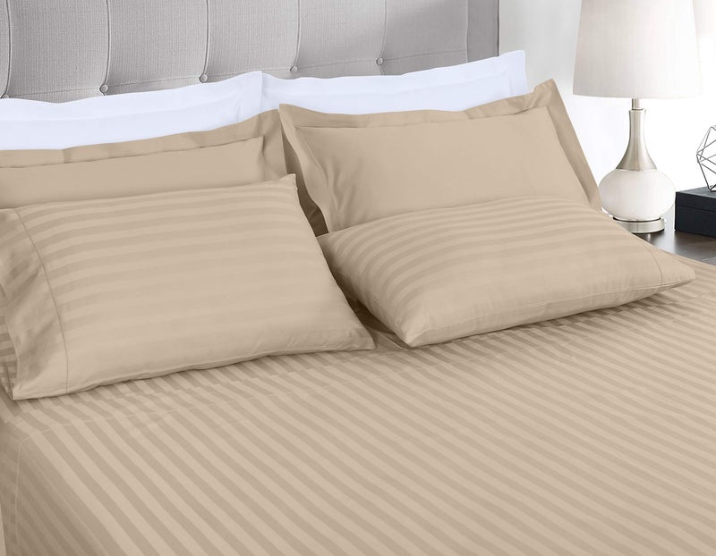 Threadmill Threadmill 500 Thread Count Full Size Damask Stripe 4 Pc Luxury Cotton Sheet Set  Breathable Light Beige Sheets with 16"" Elasticized Deep Pocket  2 Pillowcases & Free Tote Bag  - Image 2