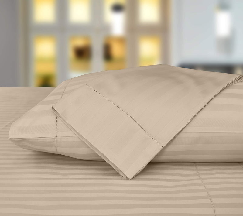 Threadmill Threadmill 500 Thread Count Full Size Damask Stripe 4 Pc Luxury Cotton Sheet Set  Breathable Light Beige Sheets with 16"" Elasticized Deep Pocket  2 Pillowcases & Free Tote Bag  - Image 3