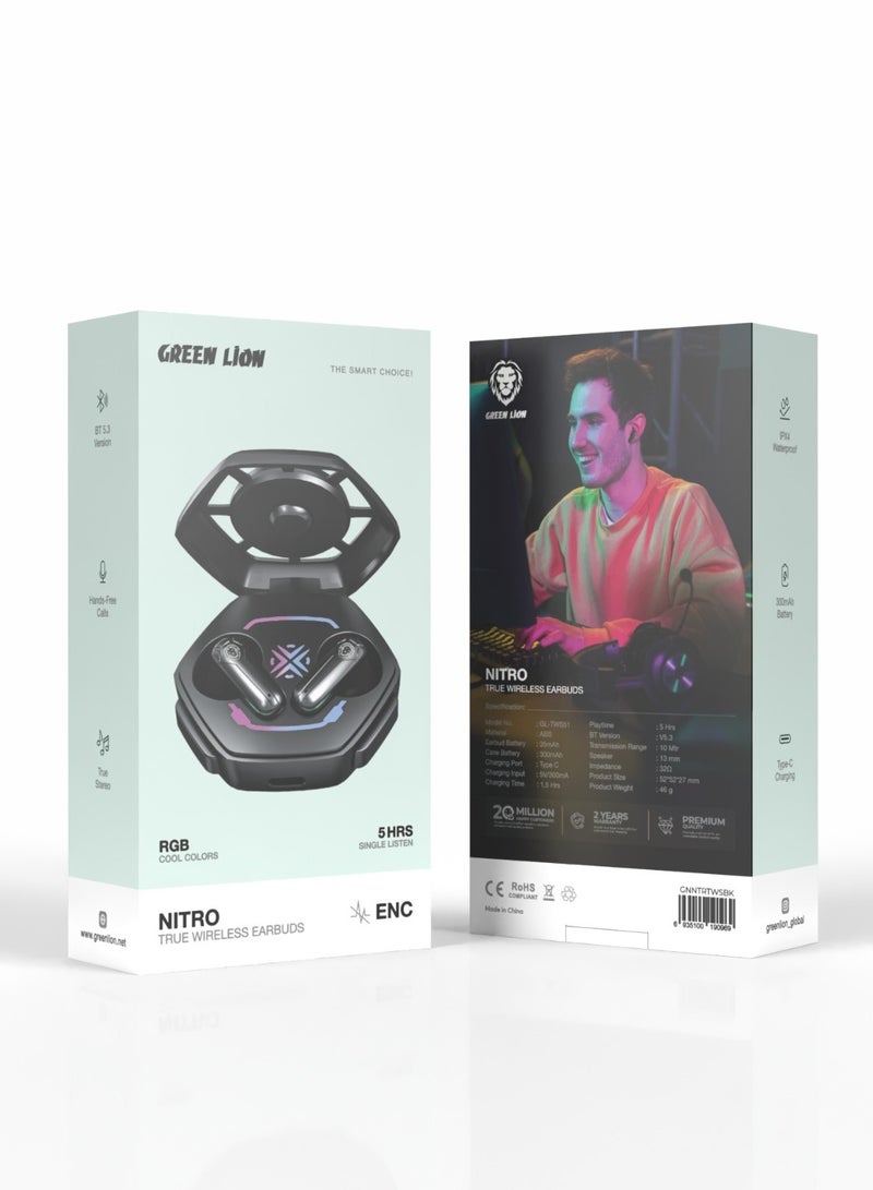 Nitro True Wireless Earbuds with RGB / Bluetooth 5.3 Version/ ENC / 5 Hrs Playtime / Hand Free Calls / True Stereo / IPX4 Waterproof- Black
