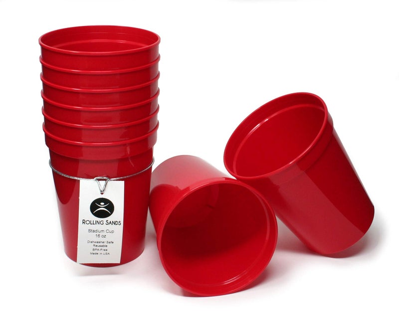Rolling Sands 16 oz Reusable Plastic Stadium Cups 8 Pack Made in USA BPAFree Dishwasher Safe Tumblers Red
