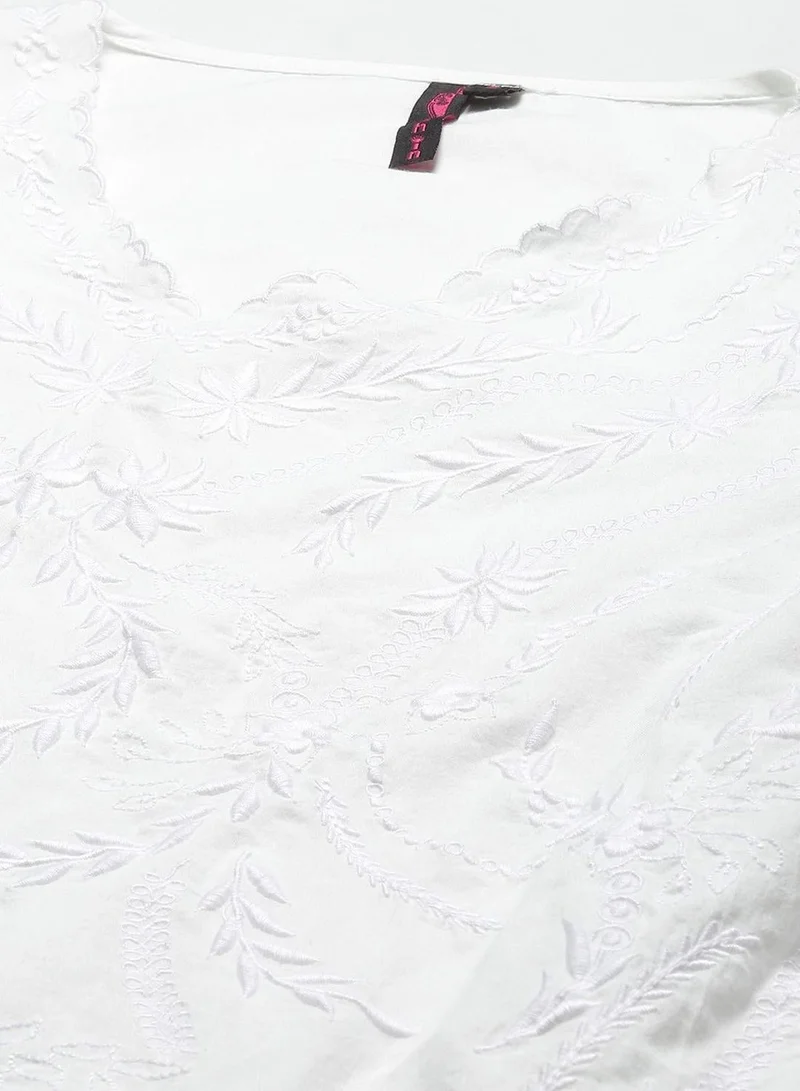 ISHIN Women'S White 100% Cotton Self Design Tunic A-Line Tops