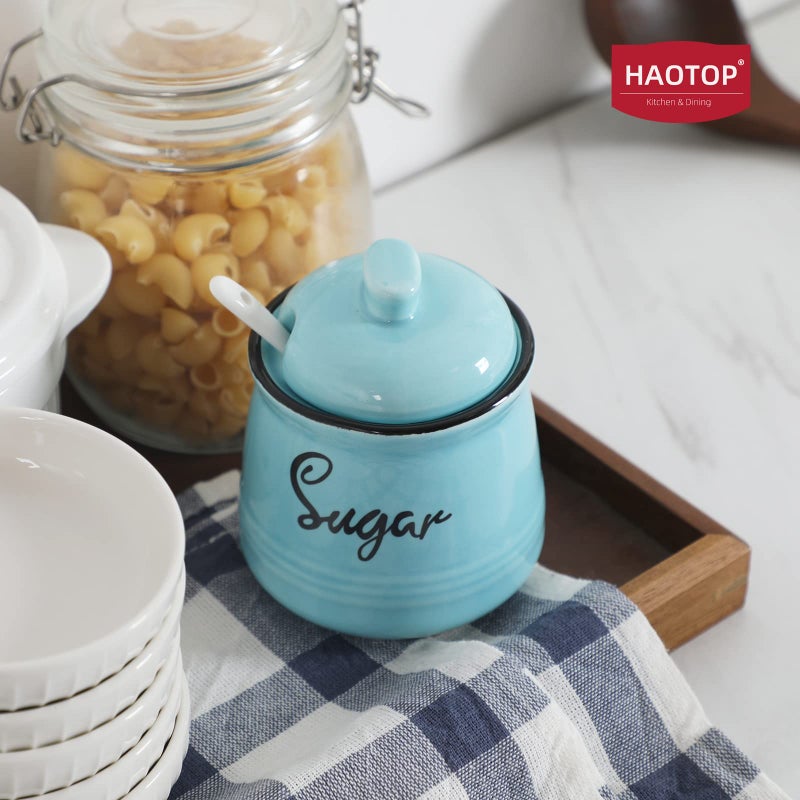 HAOTOP Farmhouse Porcelain Sugar Bowl with Lid and Spoon 12oz,Easy to Clean (Turquoise) - Image 2