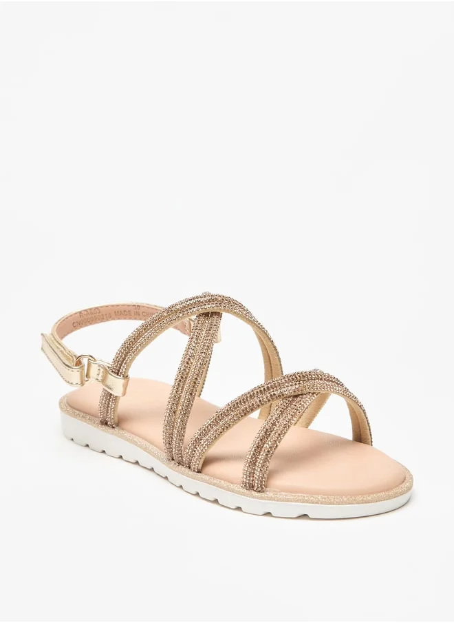 جونيورز Girls Embellished Cross Strap Sandals with Hook and Loop Closure