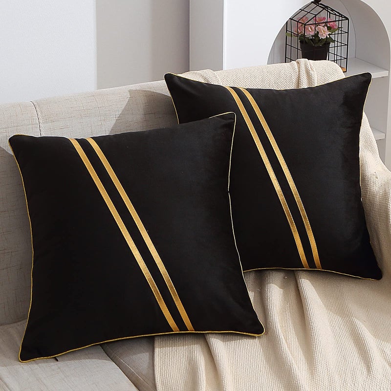 WACOMECO Pack of 2 Gold Throw Pillow Covers  Soft Decorative Luxury Velvet Cushion Covers Pillow Cases with Gold Leather for Sofa Bedroom Livingroom Car 18 x 18 in Black