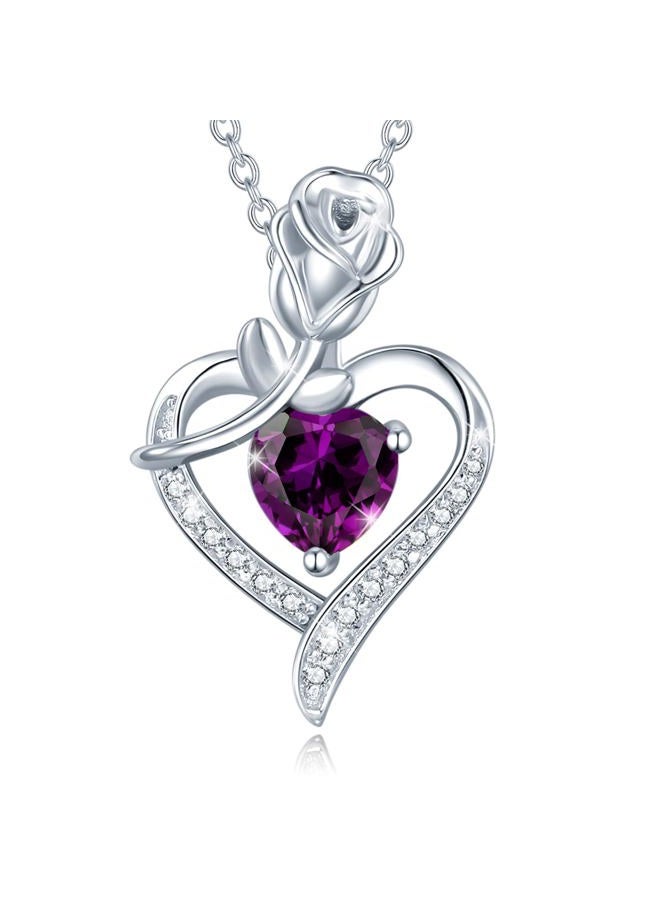 Agvana February Birthstone Jewelry Amethyst Necklace for Women Sterling Silver Rose Flower Heart Pendant Necklace Fine Jewelry Anniversary Birthday Gifts for Women Girls Mom Wife Lady Her, Metal, - Image 1