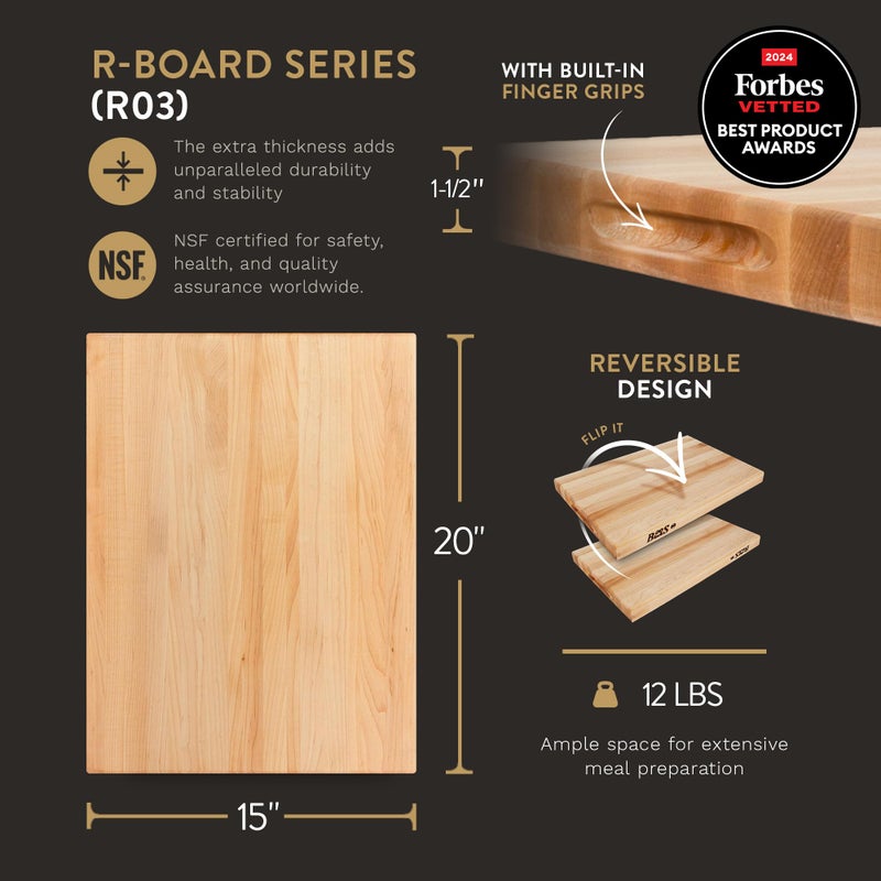 John Boos Block Reversible Wood Cutting Board w/Oil Finish, R-Board, 20"x15"x1.5", Maple - Image 2