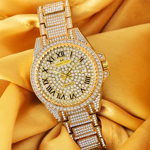 SWADESI STUFF Glint Hand-Studded Diamonds Gold Date Latest Dial Premium Luxury Design Stainless Steel Strap Analog Party Watch For Men, Gold Band - Image 2