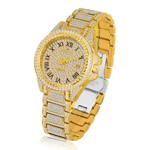 SWADESI STUFF Glint Hand-Studded Diamonds Gold Date Latest Dial Premium Luxury Design Stainless Steel Strap Analog Party Watch For Men, Gold Band - Image 1