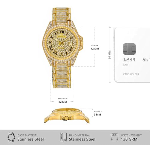 SWADESI STUFF Glint Hand-Studded Diamonds Gold Date Latest Dial Premium Luxury Design Stainless Steel Strap Analog Party Watch For Men, Gold Band - Image 5
