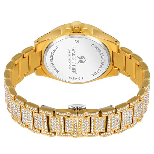 SWADESI STUFF Glint Hand-Studded Diamonds Gold Date Latest Dial Premium Luxury Design Stainless Steel Strap Analog Party Watch For Men, Gold Band - Image 4