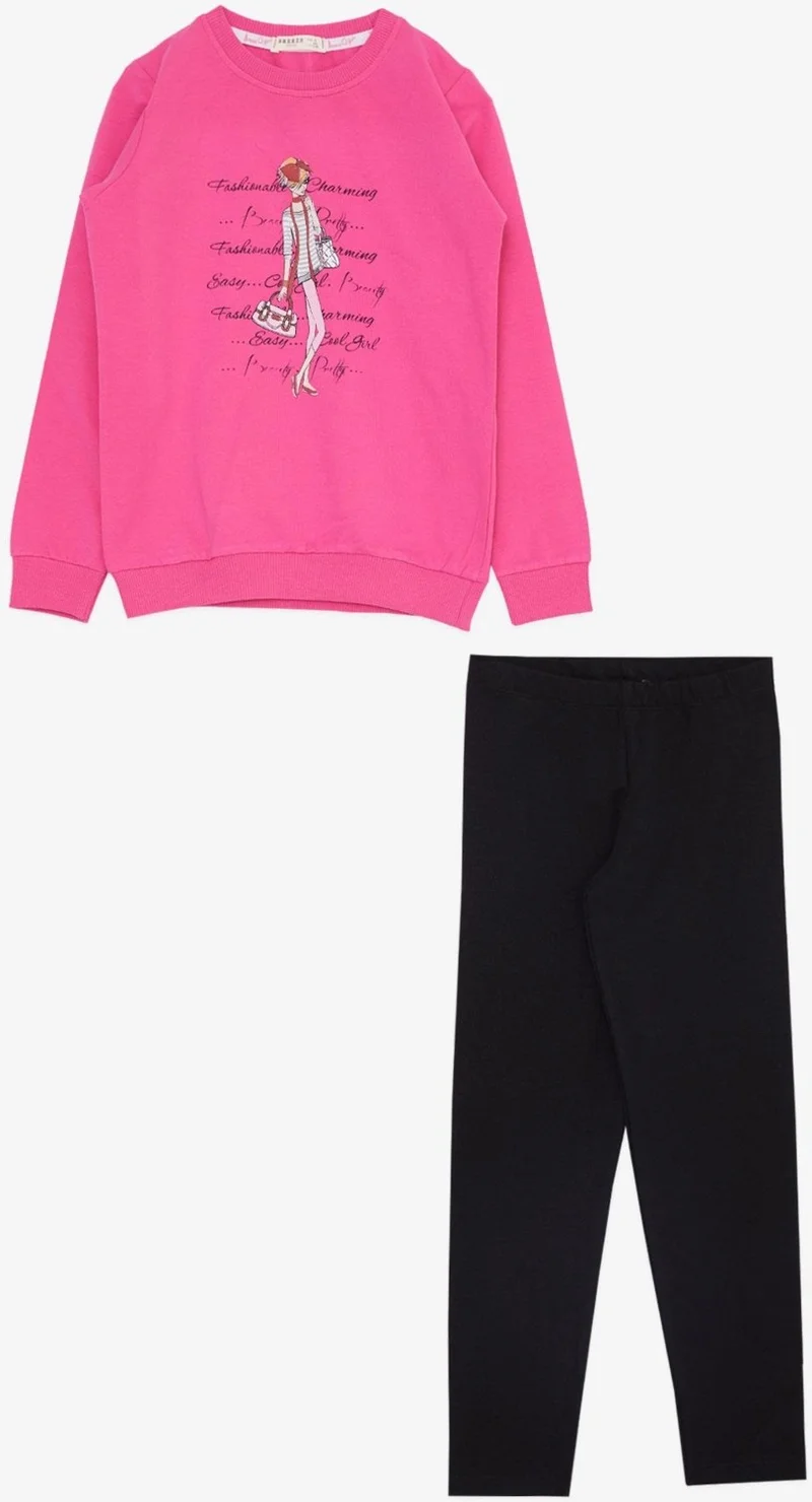 Breeze Girl's Tights Set Fashion Themed Cool Girl Printed 5-10 Years, Fuchsia