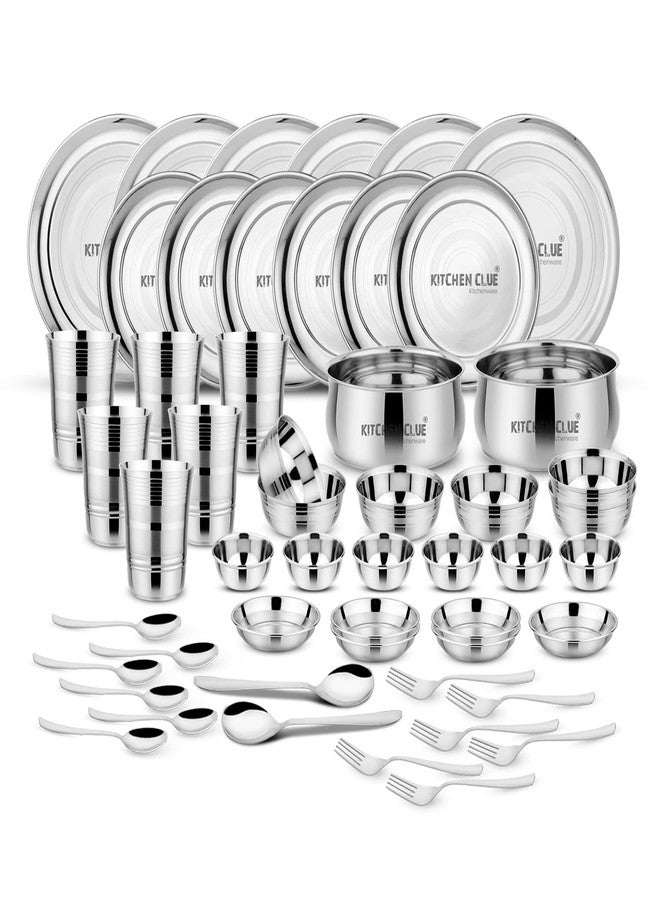 KITCHEN CLUE Heavy Guage Quality Stainless Steel Dinner Set of 52 Pcs, Highly Durable & Exclusive, Unbreakable & Smooth Edges Dinner Plates, Serving Bowl, Veg Bowl, Glass Set - Dishwasher Safe - Image 1