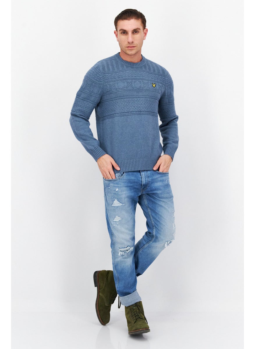Lyle & Scott - Men Crew Neck Long Sleeve Knitted Sweater, Steel Blue - Image 1