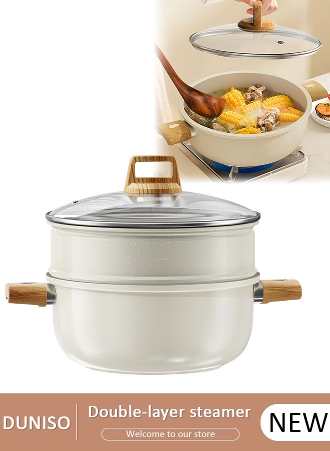 DUNISO Balance Non-stick Ceramic Stockpot with steamer , Multifunctional Glass Lid, Recycled Aluminum, Non-toxic Healthy  Coating, Stay-cool Handle, Induction Pan, For Stew Soup Steam, Moonmist - Image 1
