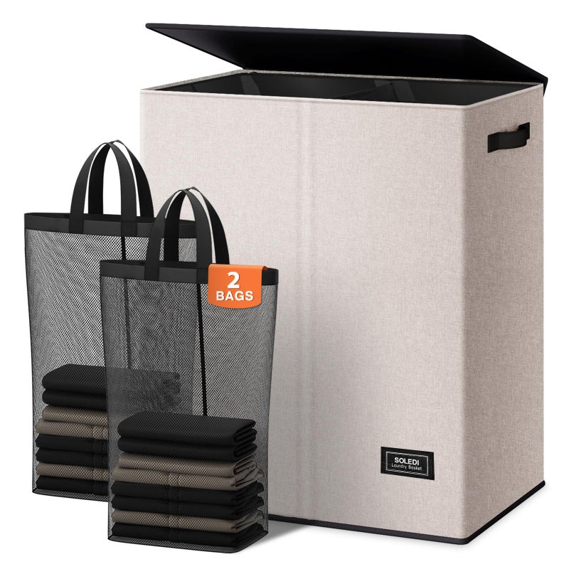 SOLEDI Large Double Laundry Hamper with Lid, Collapsible Clothes Hamper 2 section with Removable Bags, Space-Saving Laundry Basket for Bedroom, Dorm, College - Image 1