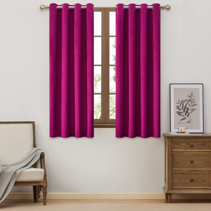 BULBUL Living Room Velvet Window Curtains 63 inch Length 2 Panels Hot Pink Blackout Window Drapes Curtains Thermal Insulated Room Darkening Decor Grommet Curtains for Bedroom