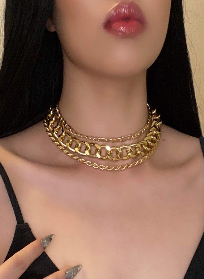 Aimimier 3Pcs Punk Cuban Link Chain Choker Necklace Twist Rope Necklace Chunky Figaro Chain Prom Party Festival Accessory for Women(Gold) - Image 2