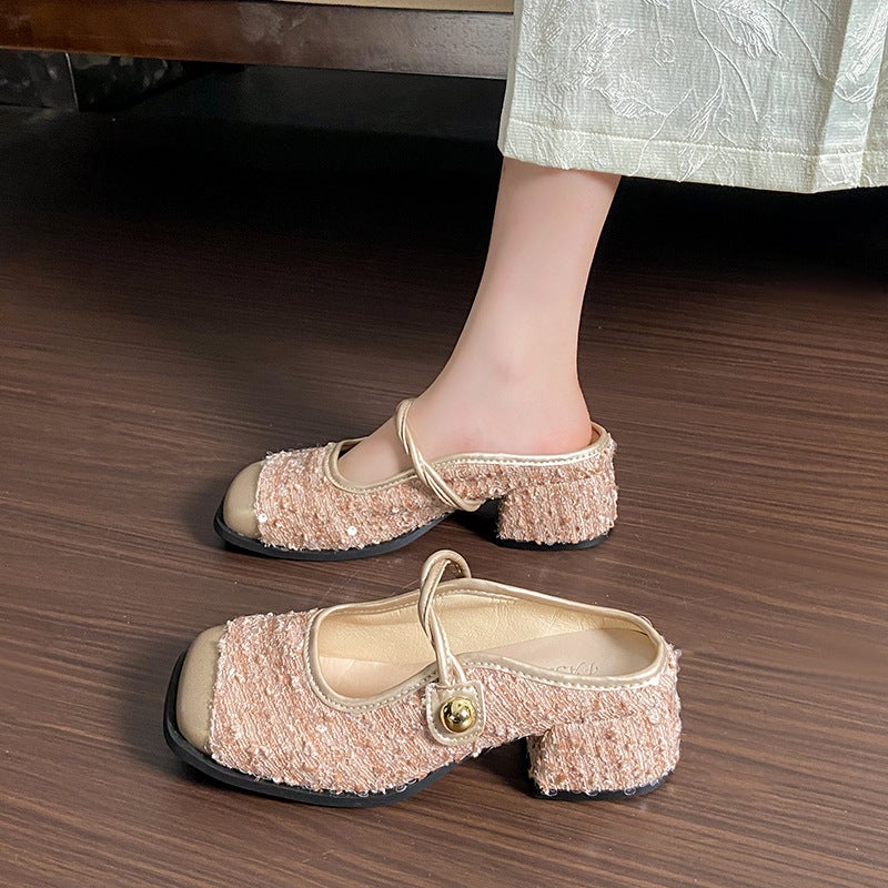 2025 Plus Size Women'S Shoes Baotou Half Slippers Women'S Summer Outer Wear New Sequin Mary Jane Shoes Thick Heel Sandals Trendy - Image 3