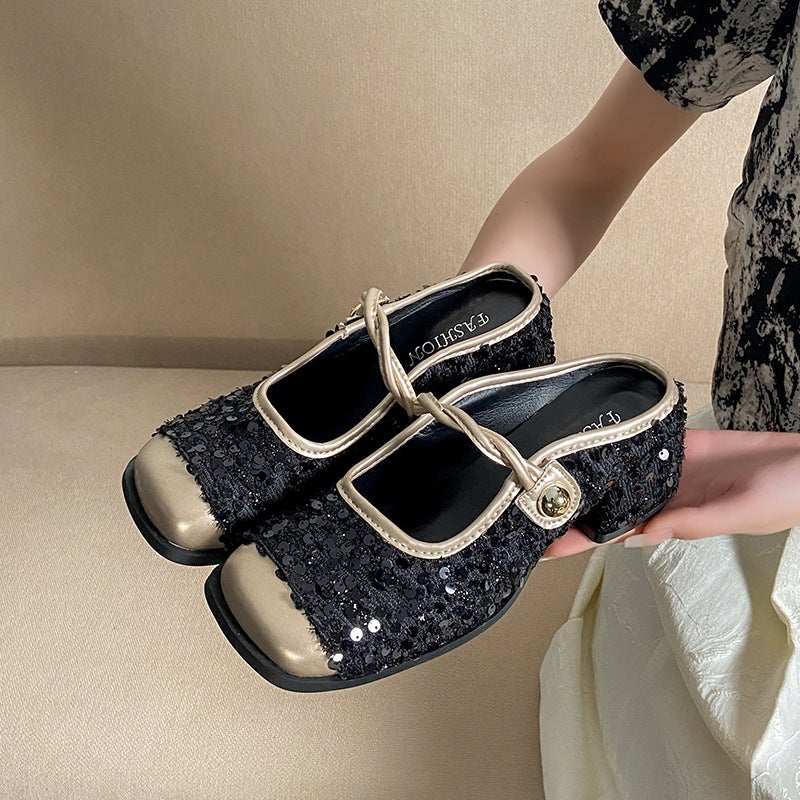 2025 Plus Size Women'S Shoes Baotou Half Slippers Women'S Summer Outer Wear New Sequin Mary Jane Shoes Thick Heel Sandals Trendy - Image 5