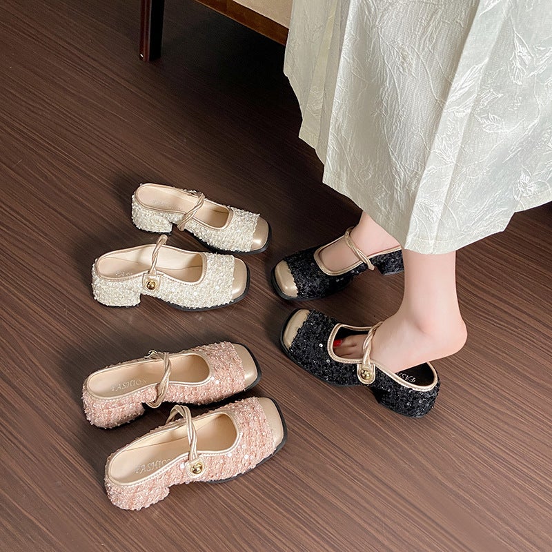 2025 Plus Size Women'S Shoes Baotou Half Slippers Women'S Summer Outer Wear New Sequin Mary Jane Shoes Thick Heel Sandals Trendy - Image 2
