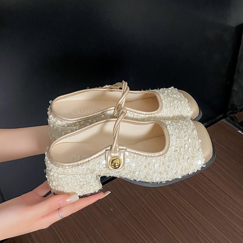 2025 Plus Size Women'S Shoes Baotou Half Slippers Women'S Summer Outer Wear New Sequin Mary Jane Shoes Thick Heel Sandals Trendy - Image 4