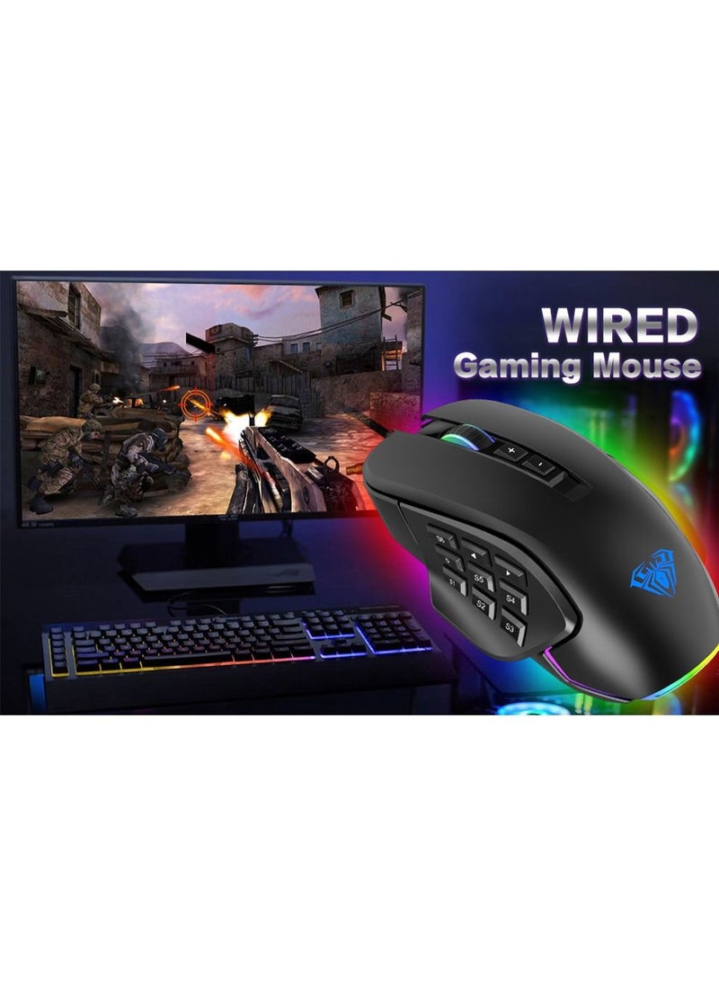 RGB Gaming Mouse with 9 Side Buttons High Precision 10000 DPI Optical Sensor