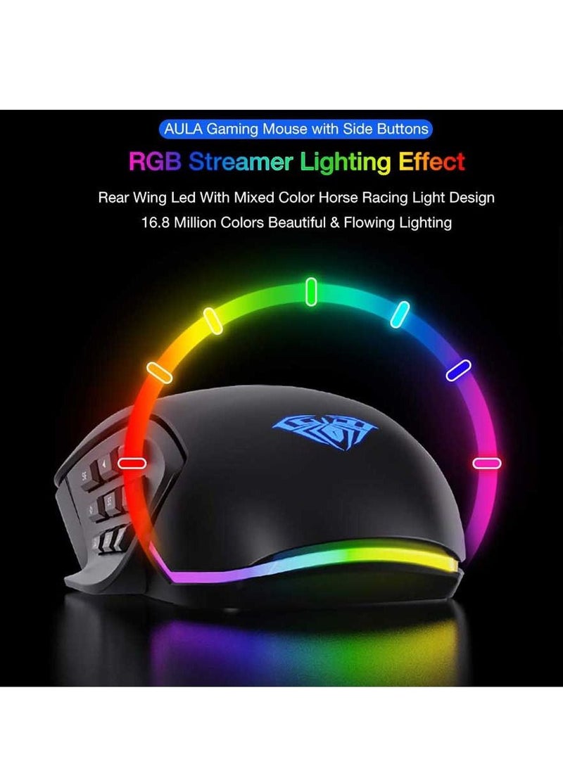 RGB Gaming Mouse with 9 Side Buttons High Precision 10000 DPI Optical Sensor