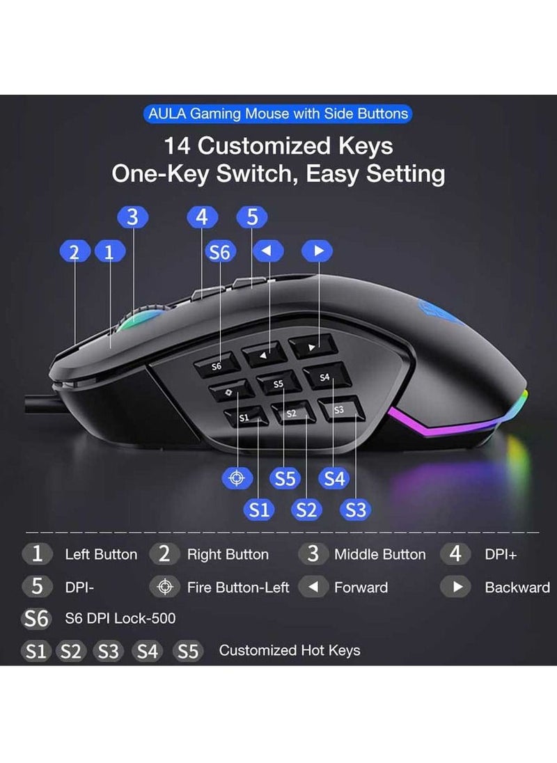 RGB Gaming Mouse with 9 Side Buttons High Precision 10000 DPI Optical Sensor