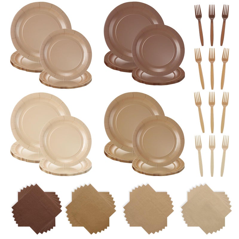 FoldTier 96 Pcs Brown Gradient Tableware Sets for 24 Guests Include 9 '' and 7'' Paper Party Plates Disposable Cocktail Napkins Plastic Forks Dinnerware for Baby Shower Wedding Birthday Tea Party - Image 1
