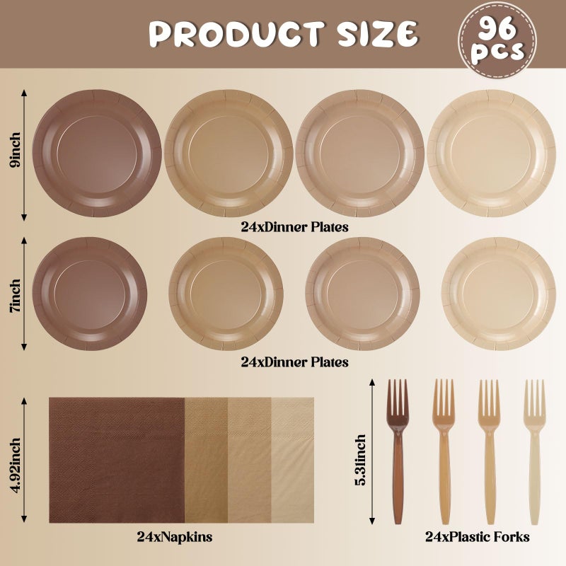 FoldTier 96 Pcs Brown Gradient Tableware Sets for 24 Guests Include 9 '' and 7'' Paper Party Plates Disposable Cocktail Napkins Plastic Forks Dinnerware for Baby Shower Wedding Birthday Tea Party - Image 3