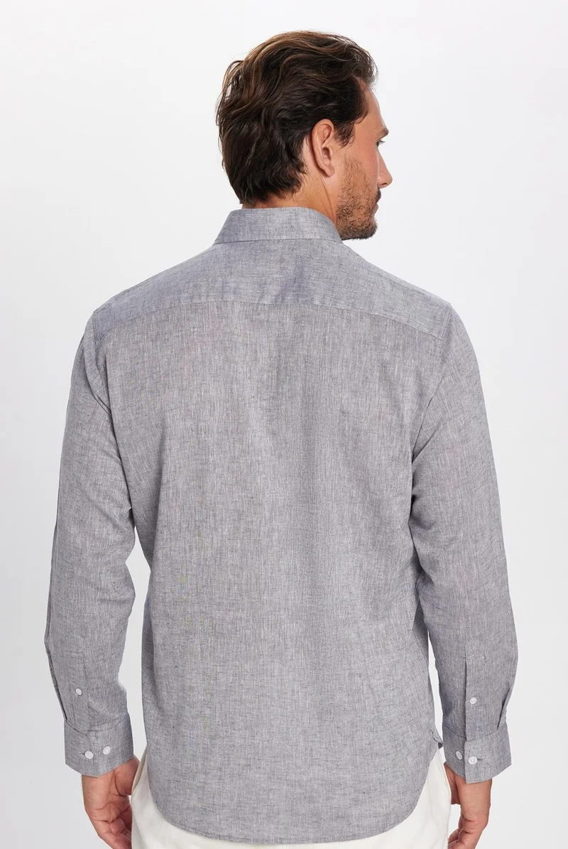 تودورس Men's Regular Fit Classic Cut Cotton Linen Texture Button-down Collar Gray Shirt
