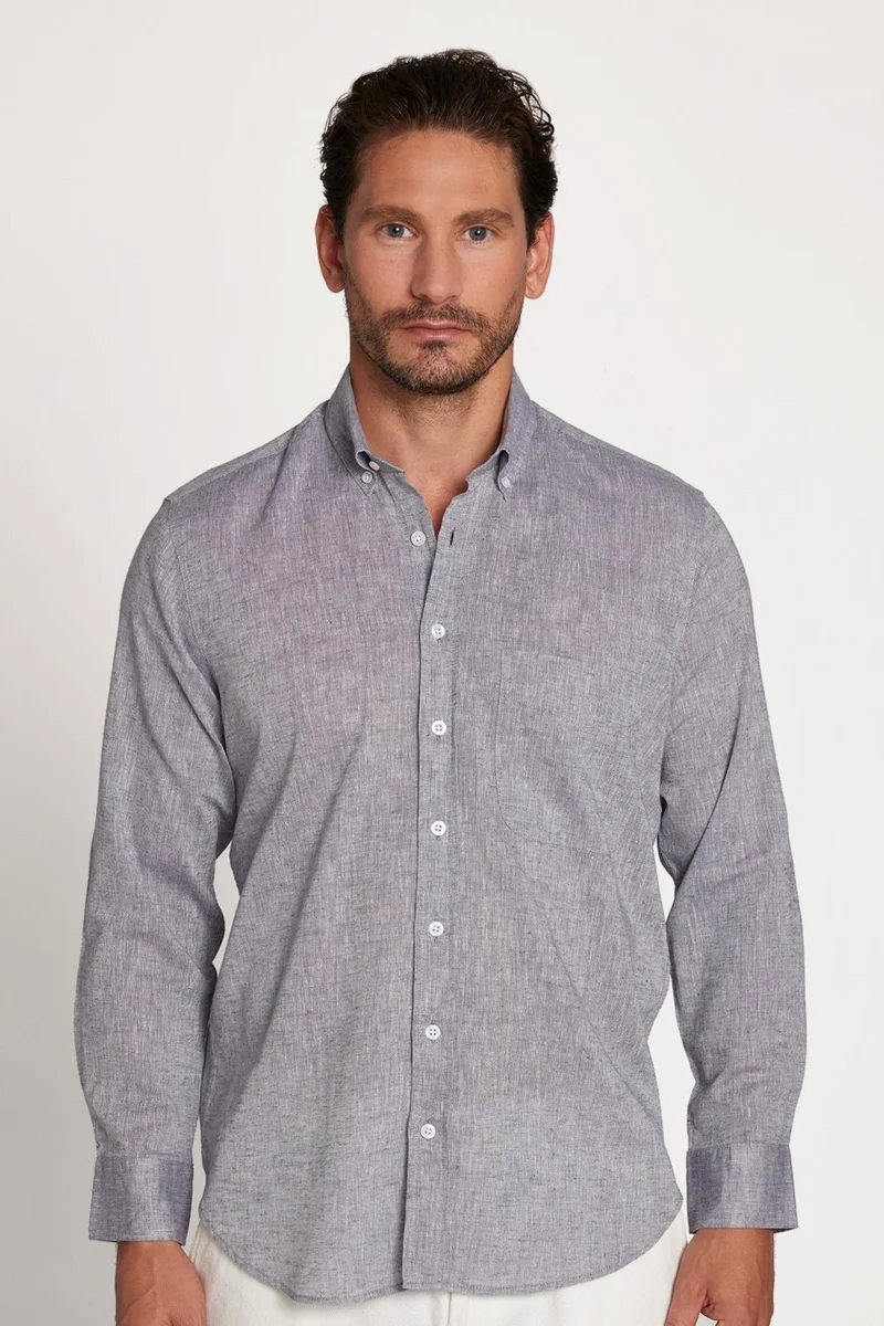 تودورس Men's Regular Fit Classic Cut Cotton Linen Texture Button-down Collar Gray Shirt