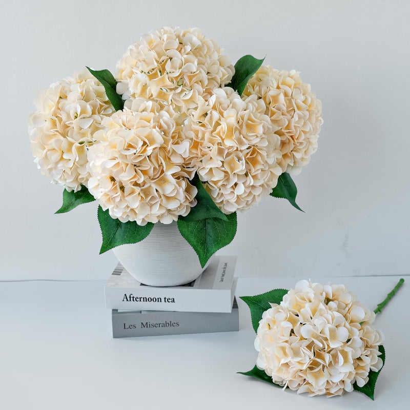 ZYTUYO 5 Pcs Champagne Silk Hydrangeas Artificial Flower Boho Dried Touch Hydrangeas 20'' Faux for Fall Home Decor Kitchen Living Room Porch Wreath Xmas Wedding Flower Arrangement - Image 1