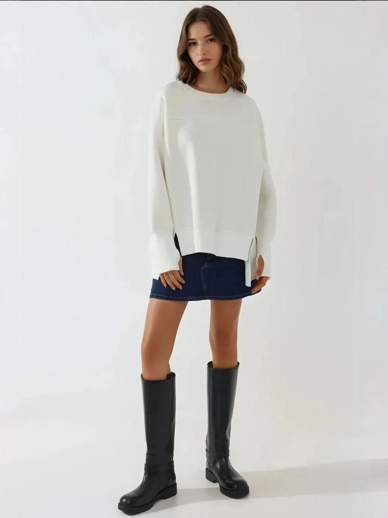 HICCUP White Crew Neck Oversized Sweatshirt With A Front Slit White for Women | Best Price UAE