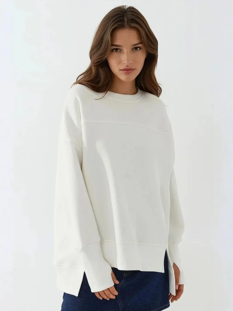 HICCUP Crew Neck Oversized Sweatshirt With A Front Slit White