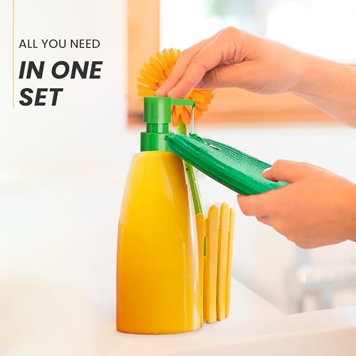 Vigar Flower Power Kitchen Soap Dispenser Set, Dish Soap Dispenser with Sponge Caddy and Dish Brush, Perfect Kitchen Sink Caddy, Orange, Green - Image 4