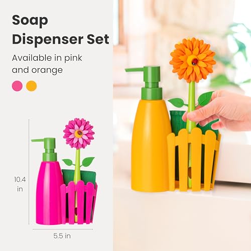 Vigar Flower Power Kitchen Soap Dispenser Set, Dish Soap Dispenser with Sponge Caddy and Dish Brush, Perfect Kitchen Sink Caddy, Orange, Green - Image 2