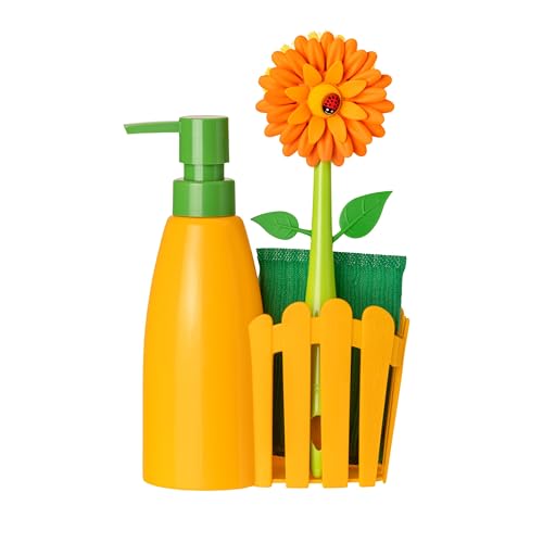 Vigar Flower Power Kitchen Soap Dispenser Set, Dish Soap Dispenser with Sponge Caddy and Dish Brush, Perfect Kitchen Sink Caddy, Orange, Green - Image 1
