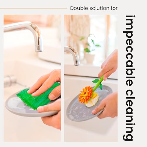 Vigar Flower Power Kitchen Soap Dispenser Set, Dish Soap Dispenser with Sponge Caddy and Dish Brush, Perfect Kitchen Sink Caddy, Orange, Green - Image 5