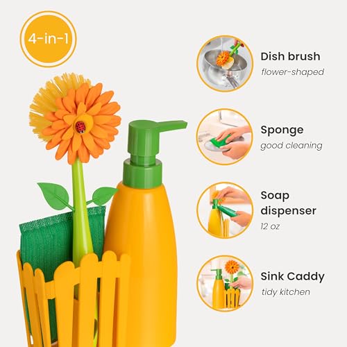 Vigar Flower Power Kitchen Soap Dispenser Set, Dish Soap Dispenser with Sponge Caddy and Dish Brush, Perfect Kitchen Sink Caddy, Orange, Green - Image 3