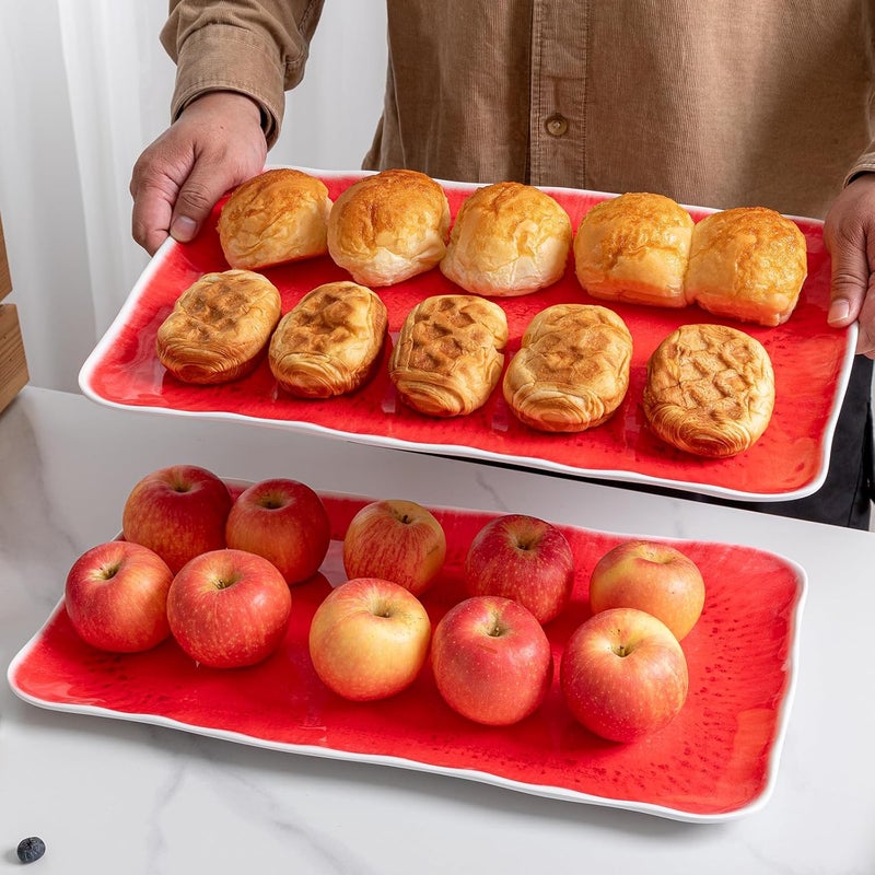 ZAROCRUS صواني تقديم مستطيلة كبيرة 17 × 10 بوصة 2 قطع مجموعات صواني تقديم ميلامين لتقديم الطعام لعيد الميلاد ويوم الأم والحفلات والزفاف آمنة في غسالة الصحون باللون الأحمر التفاعلي - Image 3