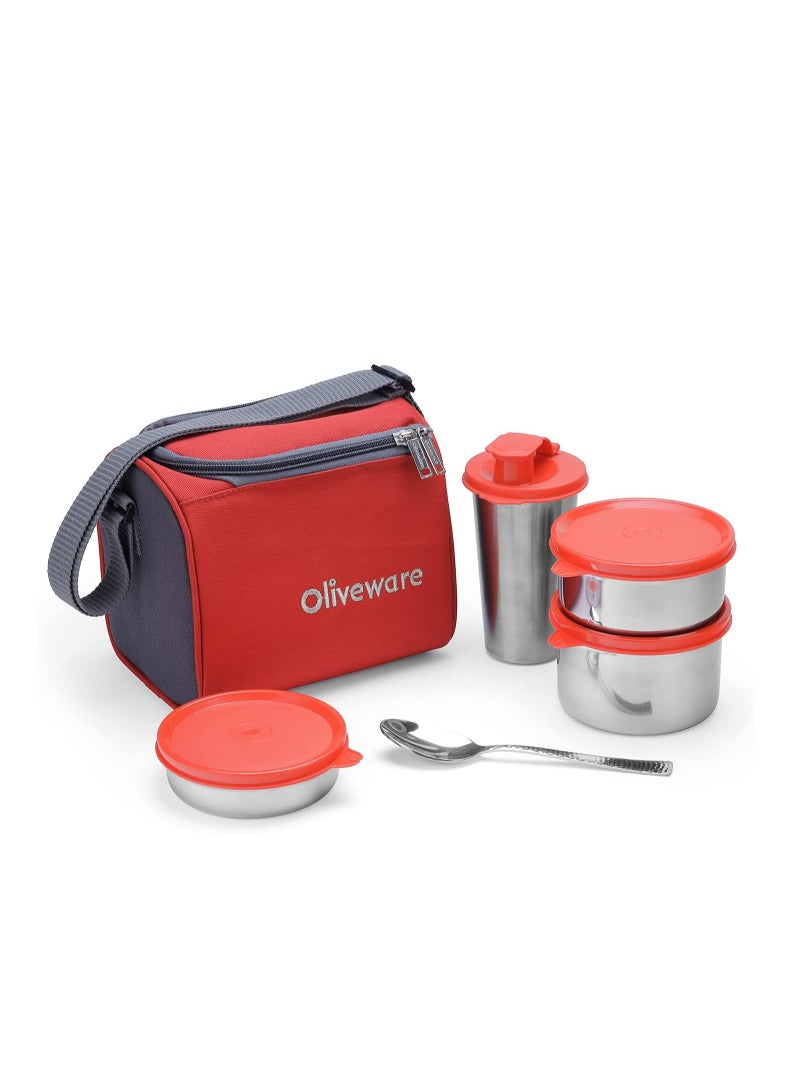 oliveware Milano Lunch Box | 3 Stainless Steel Containers and Sipper | with Steel Spoon | School, College & Office  | Leak Proof | Full Meal & Easy to Carry | Red - Image 1