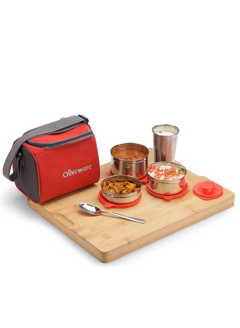oliveware Milano Lunch Box | 3 Stainless Steel Containers and Sipper | with Steel Spoon | School, College & Office  | Leak Proof | Full Meal & Easy to Carry | Red - Image 5